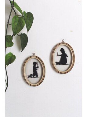 Vintage Paper Cut Silhouette Wall Art - Wooden Oval Frames Set of 2 - Black and